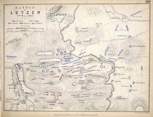 Mapa bitvy u Lutzenu, kterou vydal William Blackwood and Sons, Edinburgh und London, 1848 (ručně kolorovaná rytina)